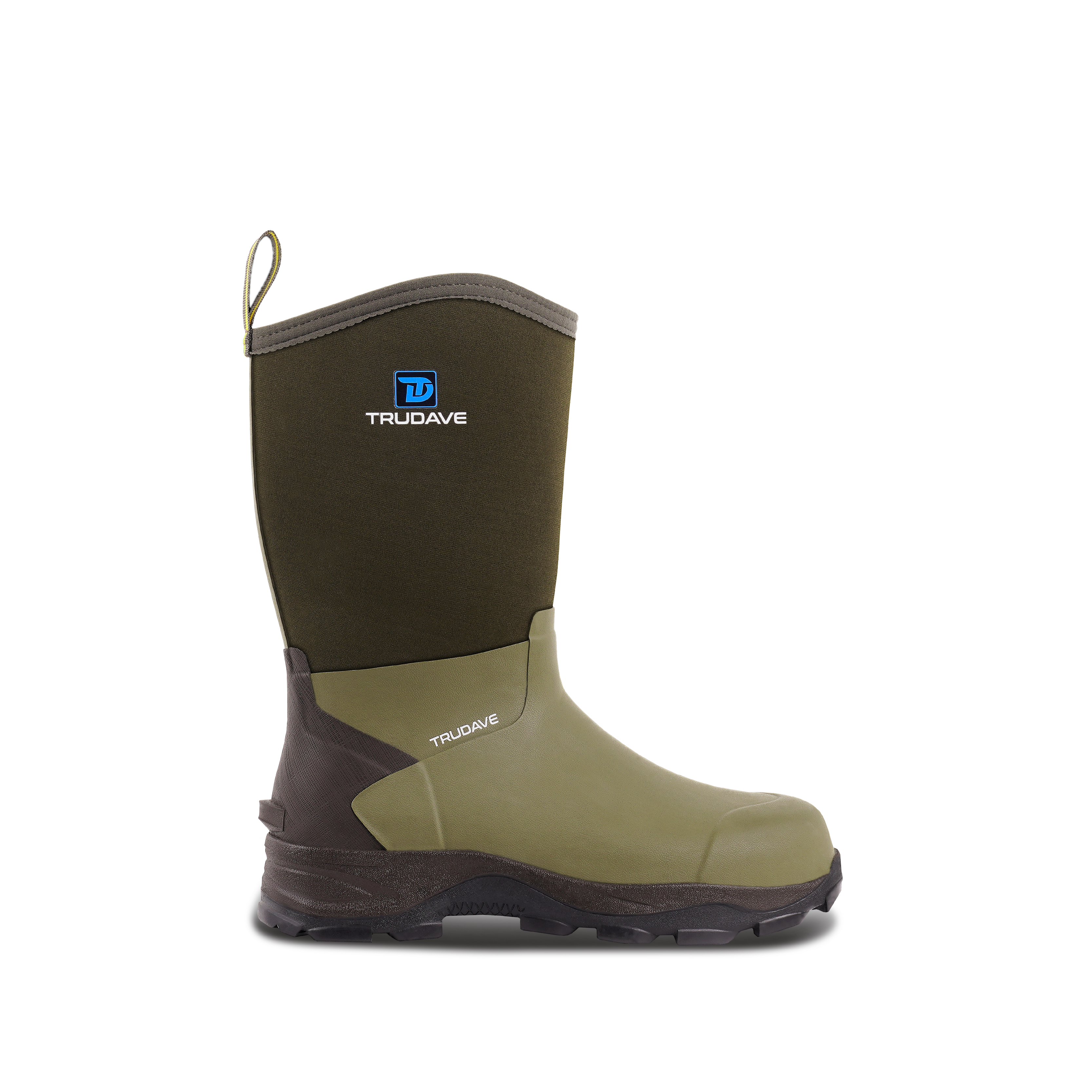 Side view of Trudave AquaGuard Series men’s mid-calf waterproof green rubber rain boots showing durable waterproof shell and non-slip sole for outdoor work